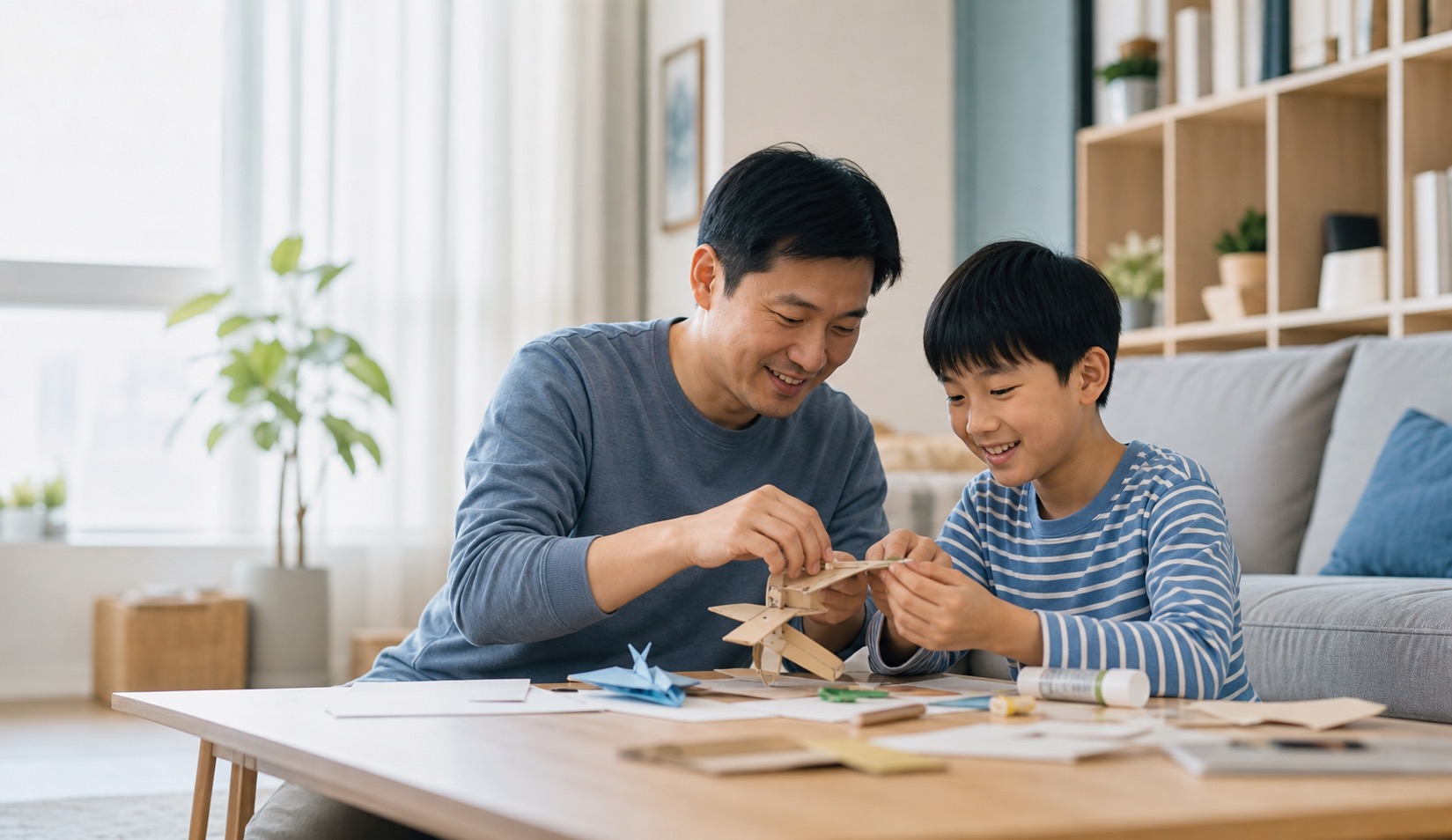 家长和孩子一起完成手工作业