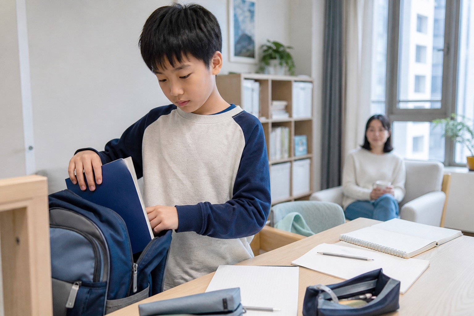 孩子在家中整理书包，家长在旁边陪伴观察